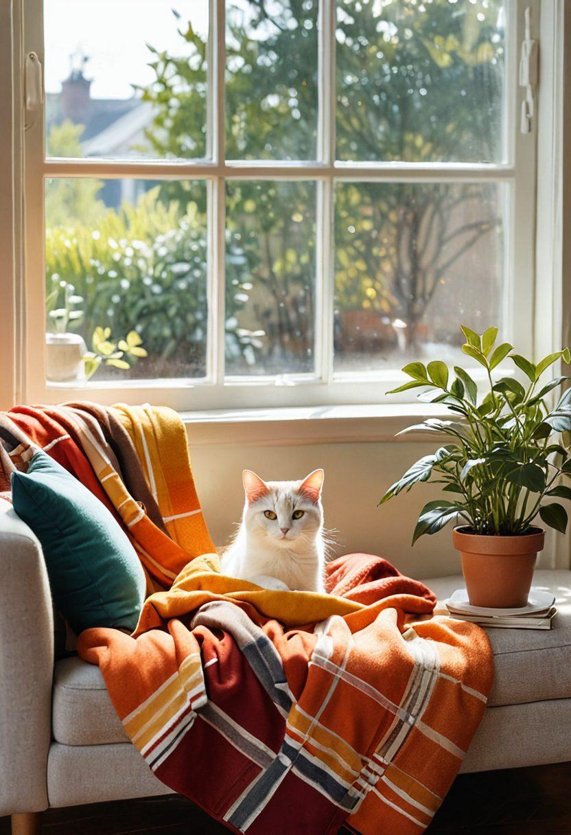 A cozy indoor scene depicting a person wrapped in a warm blanket, sitting comfortably on a couch, with gentle sunlight streaming through a window. The atmosphere is inviting, featuring a steaming cup of tea on a side table, and a soft glow that suggests warmth. Subtle hints of humor and comfort are embedded in the scene to reflect a lighthearted approach to the topic. cartoonish style. warm colors. cozy atmosphere.