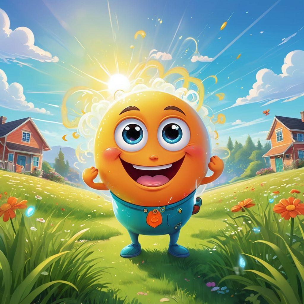 A whimsical, colorful illustration depicting a playful character experiencing the joy of warm urination, surrounded by electric currents and sparkles. Include a humorous twist with exaggerated steam rising and bright, playful facial expressions. The background should be a sunny, cheerful landscape with vibrant colors that evoke warmth and comfort. Cartoon-style art with a lighthearted, fun atmosphere. vector art. vibrant colors.