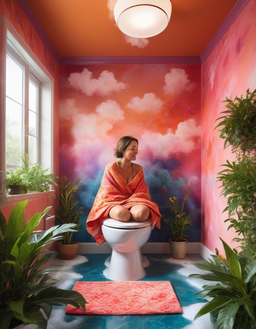A whimsical illustration featuring a person sitting comfortably on a throne-like toilet, surrounded by swirling clouds of colorful steam that symbolize relaxation and pleasure. The bathroom is adorned with playful patterns and spa-like elements, such as soft towels and fragrant plants. A serene expression lights up their face as they embrace the experience. emphasize a lighthearted and playful mood. vibrant colors. cartoon style.